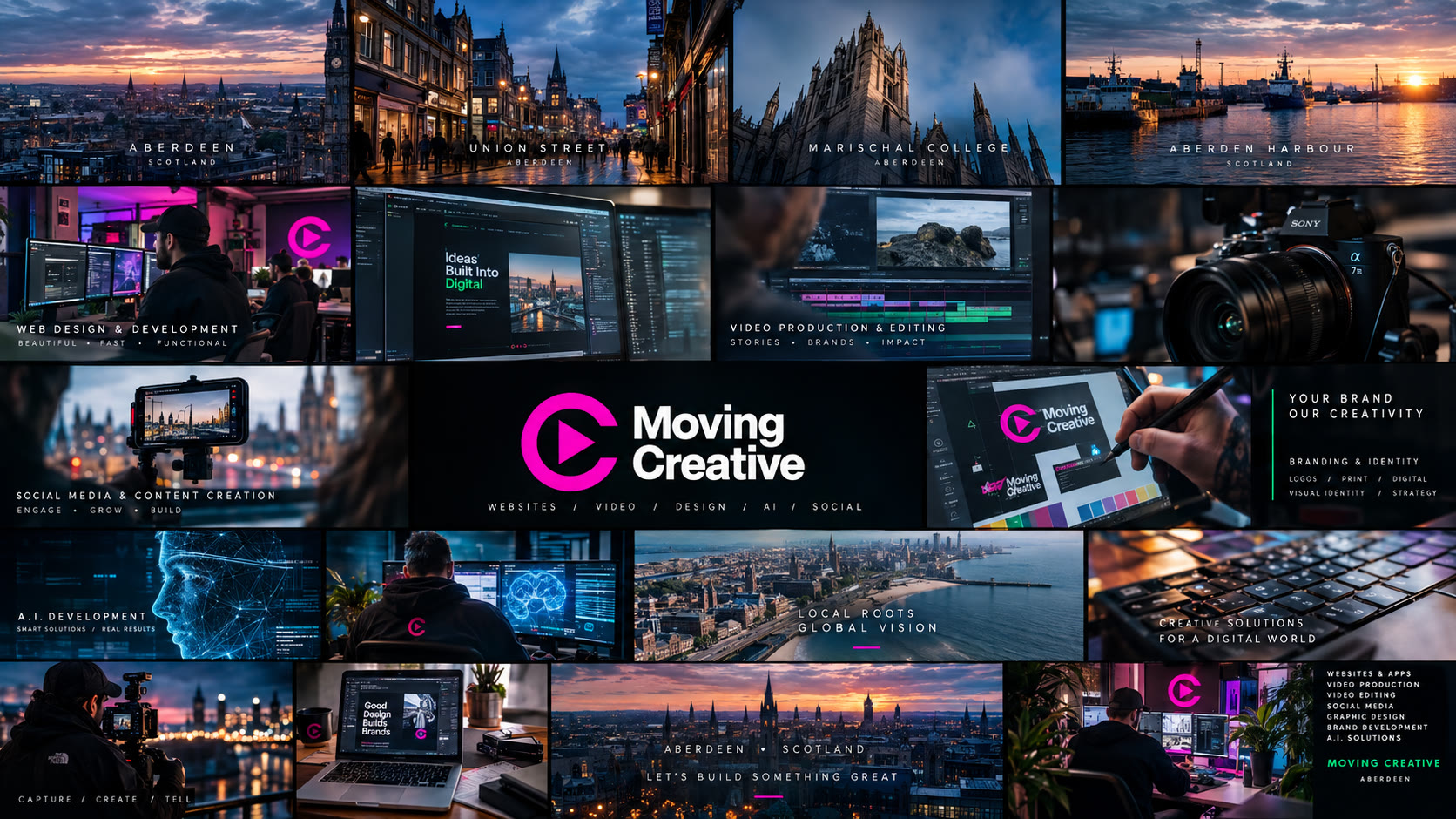 Collage of Aberdeen services portfolio — video, web design and graphic design work